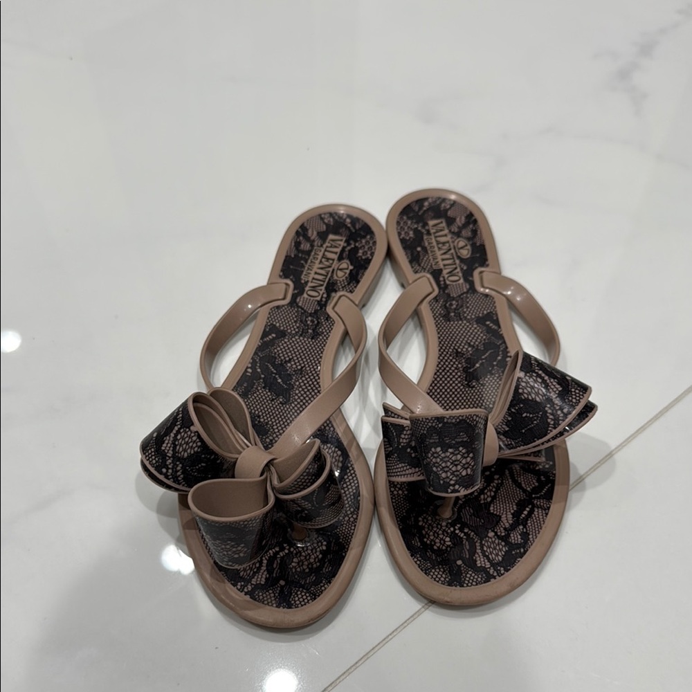 Valentino Tan and Black Lace Bow Sandals